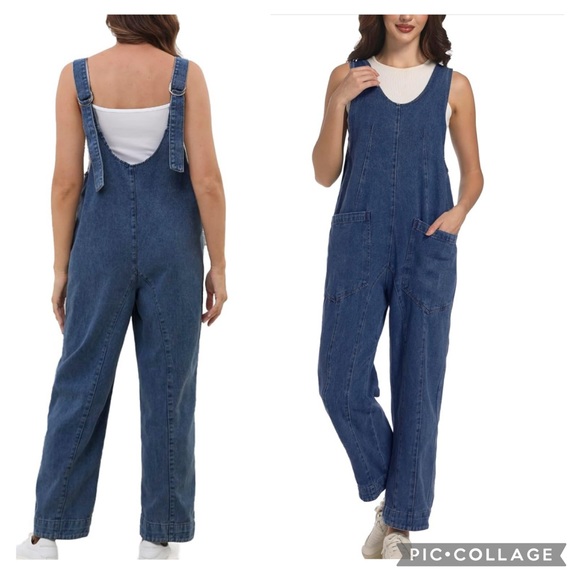 NWOT DENIM OVERALLS BAGGY LOOSE FIT PATCH POCKETS - Picture 1 of 3